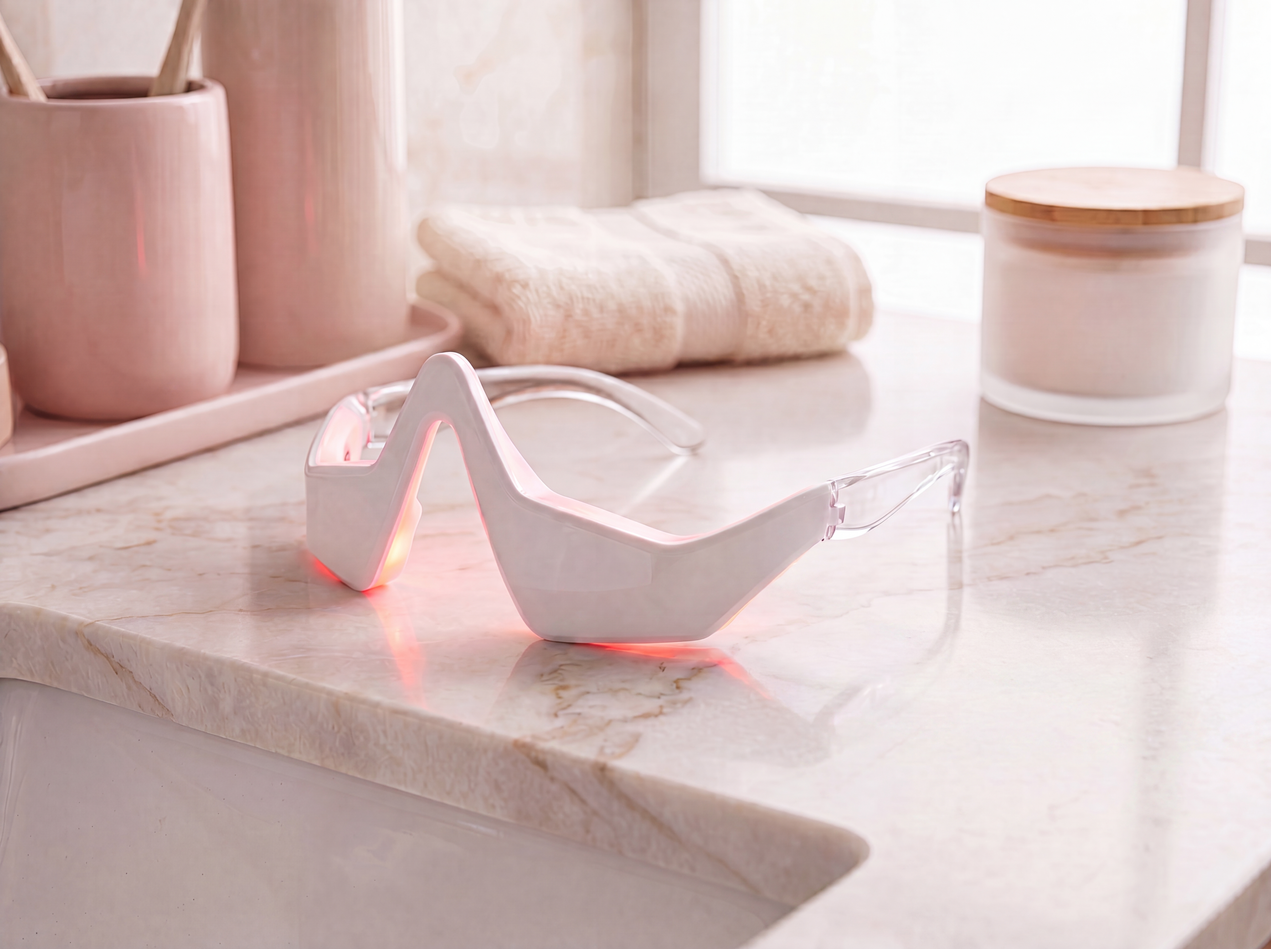 Device charging on a vanity, powered on with red light