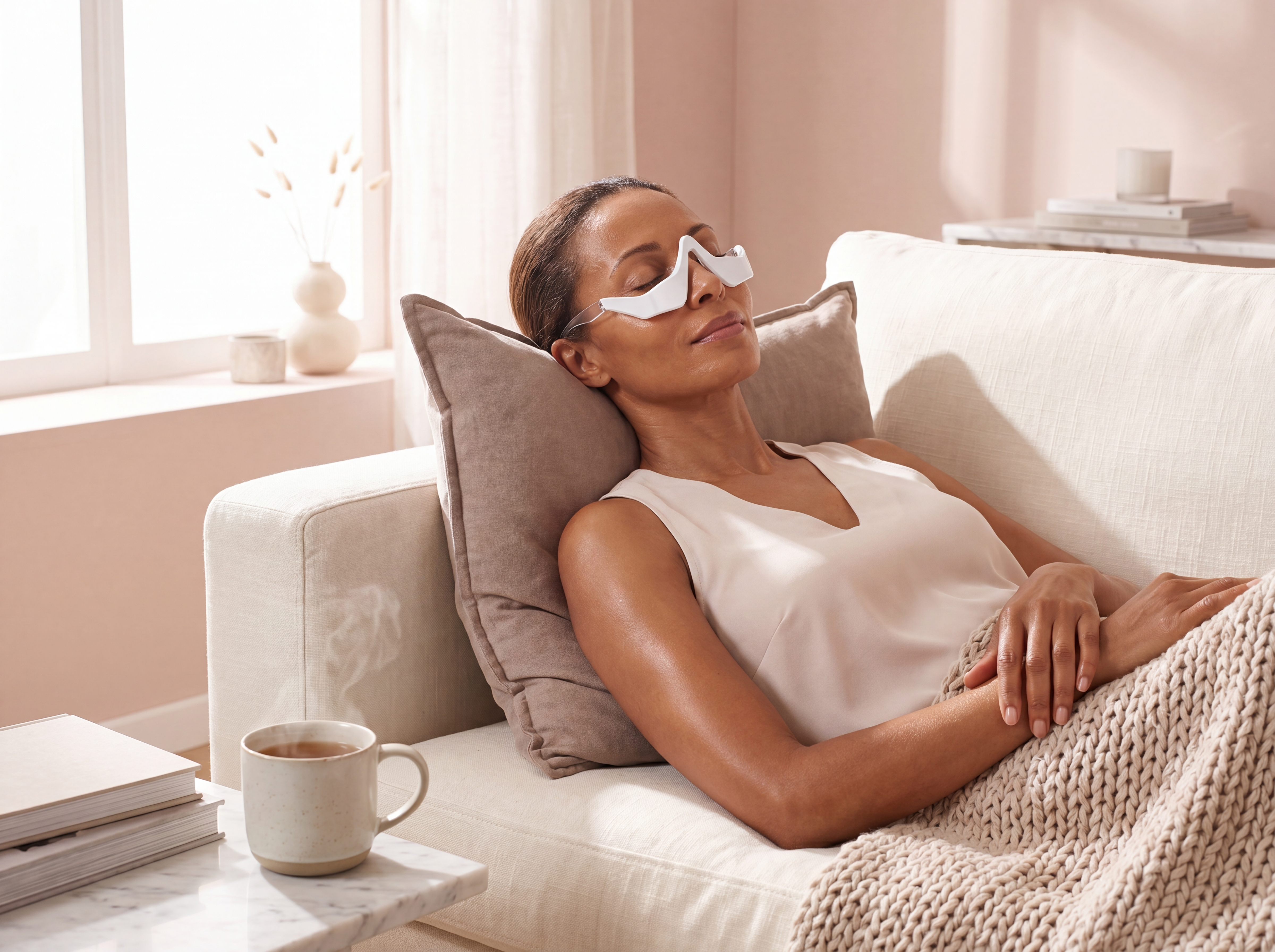 Woman relaxing on a sofa while wearing the device