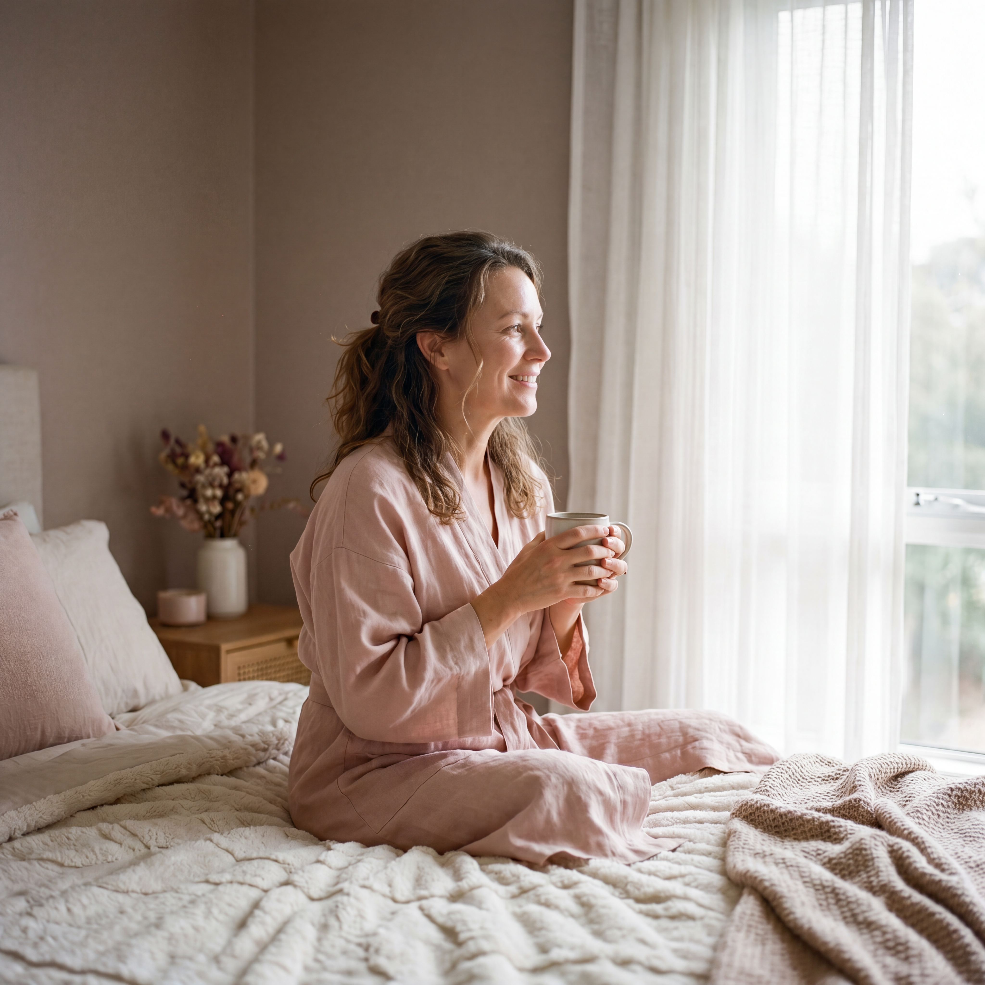 Woman looking rested and calm on a soft morning