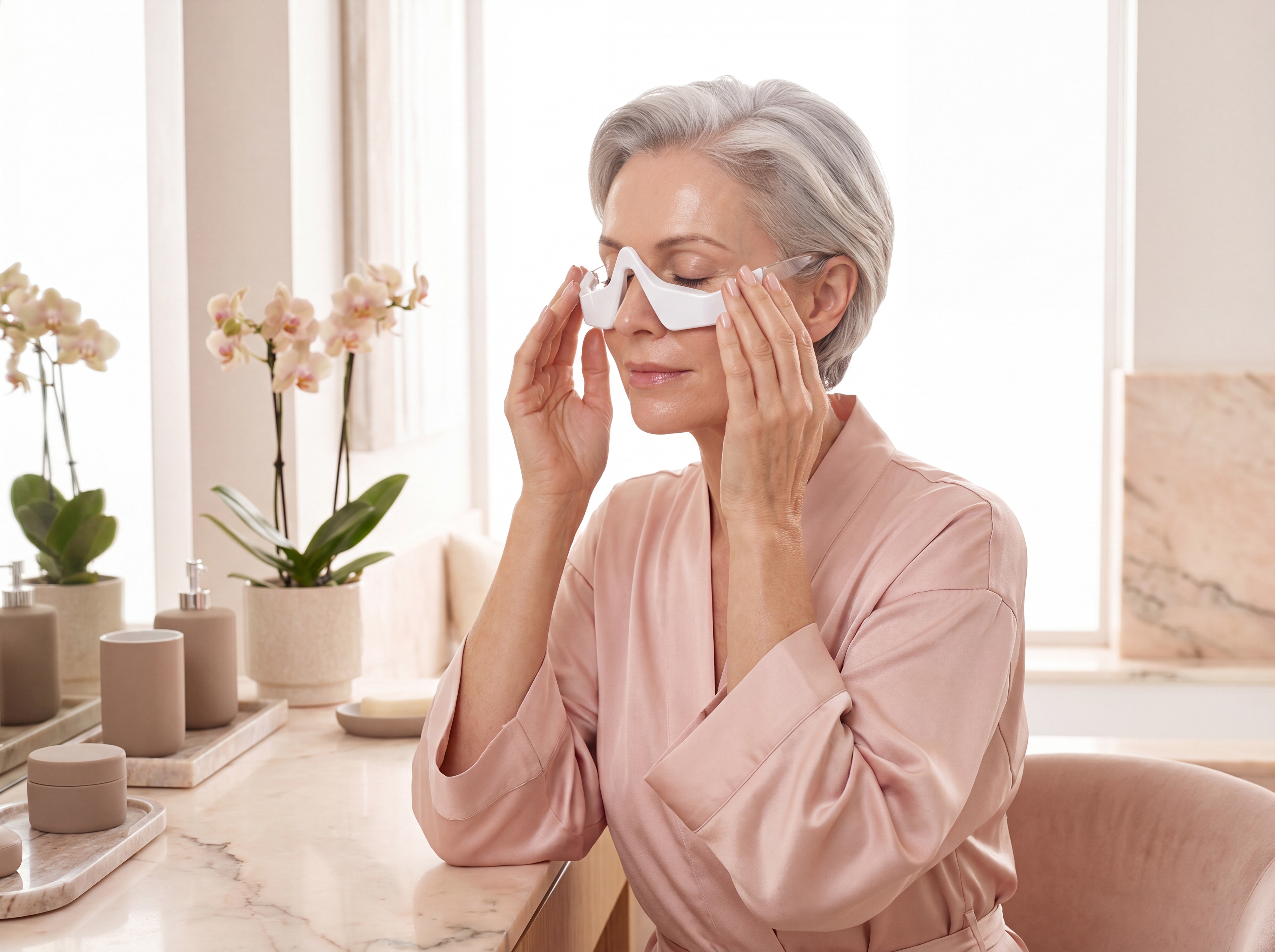 Woman settling the device across her under-eyes at a vanity
