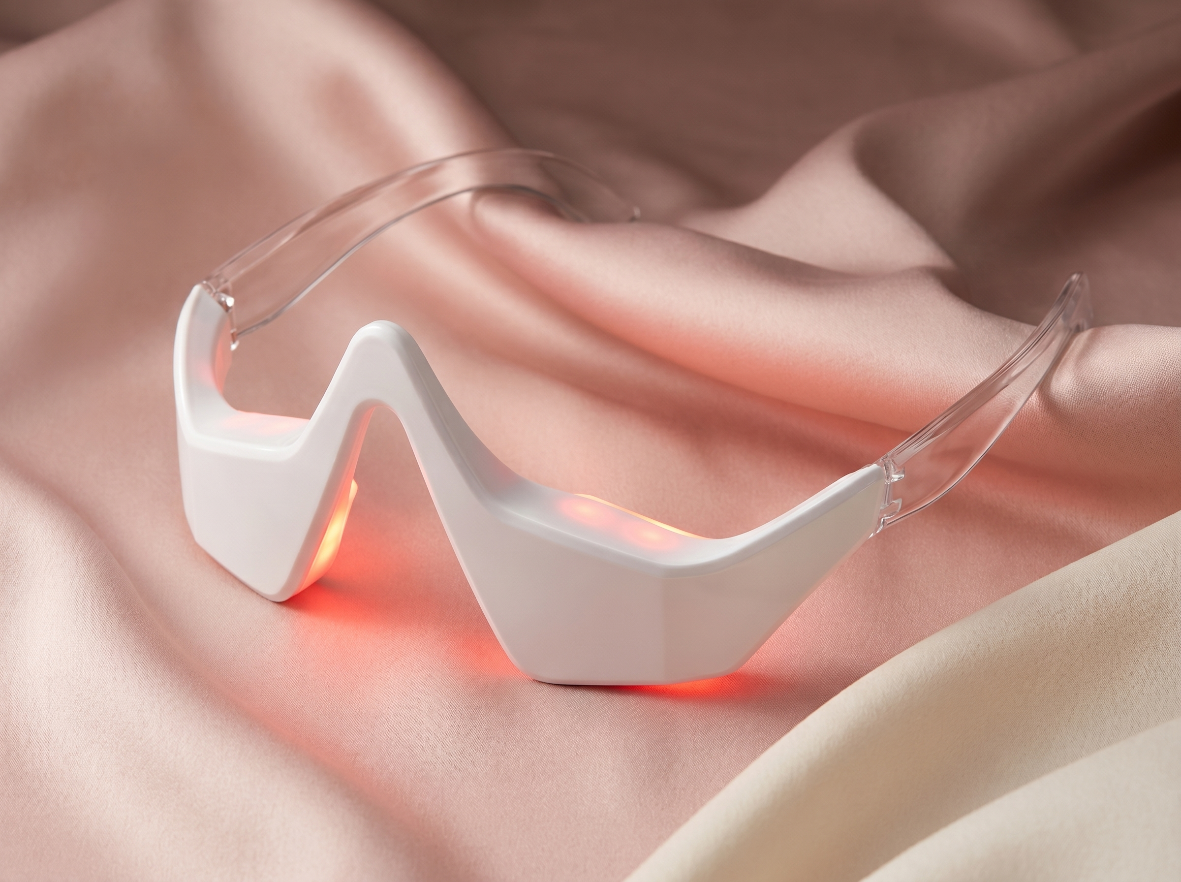 Sololume Eye Reviver glowing with warm red light on soft blush silk